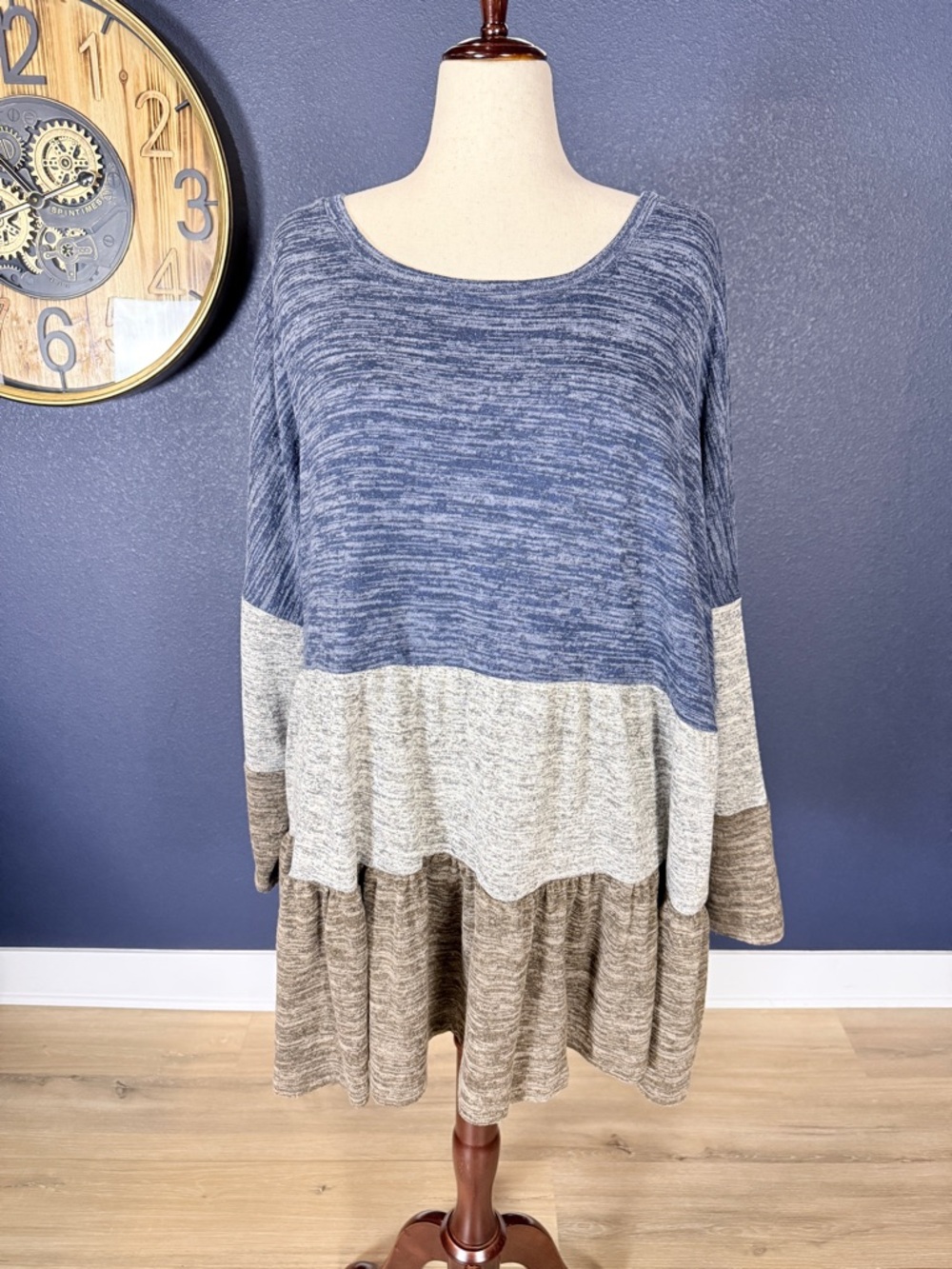 Chicsoul Blue Gray Taupe Colorblock Flowy Tiered Tunic Top | Size 3XL